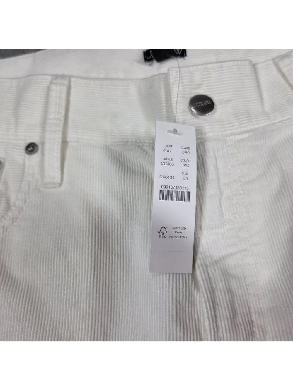 J Crew Loose Straight Corduroy Pants Womens 33 Cream High Rise Preppy NEW